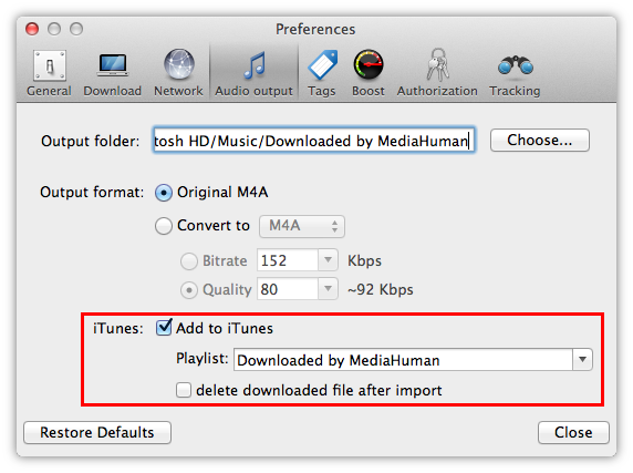 В этом же окне вы также можете настроить качество вывода музыки (хотя мы рекомендуем использовать стандартный M4A по умолчанию) и выбрать список воспроизведения iTunes, чтобы добавить окончательно преобразованный музыкальный файл